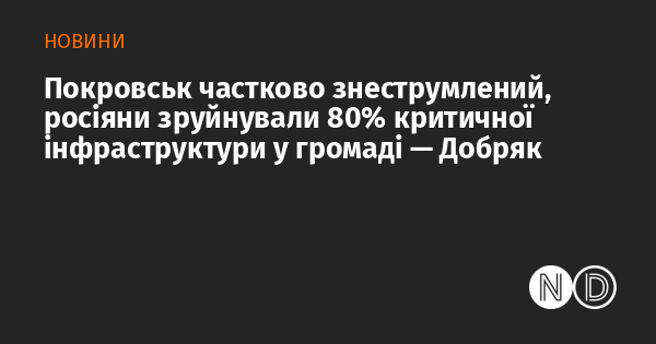 Покровськ зазнав часткового відключення електрики, оскільки російські війська знищили 80% ключових об'єктів інфраструктури в цьому районі, повідомив Добряк.